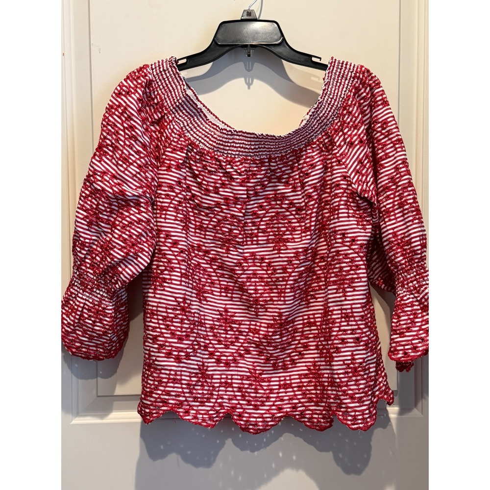 Rockin C Red White Striped Eyelet Off the Shoulder Smocked Top Scalloped Hem L